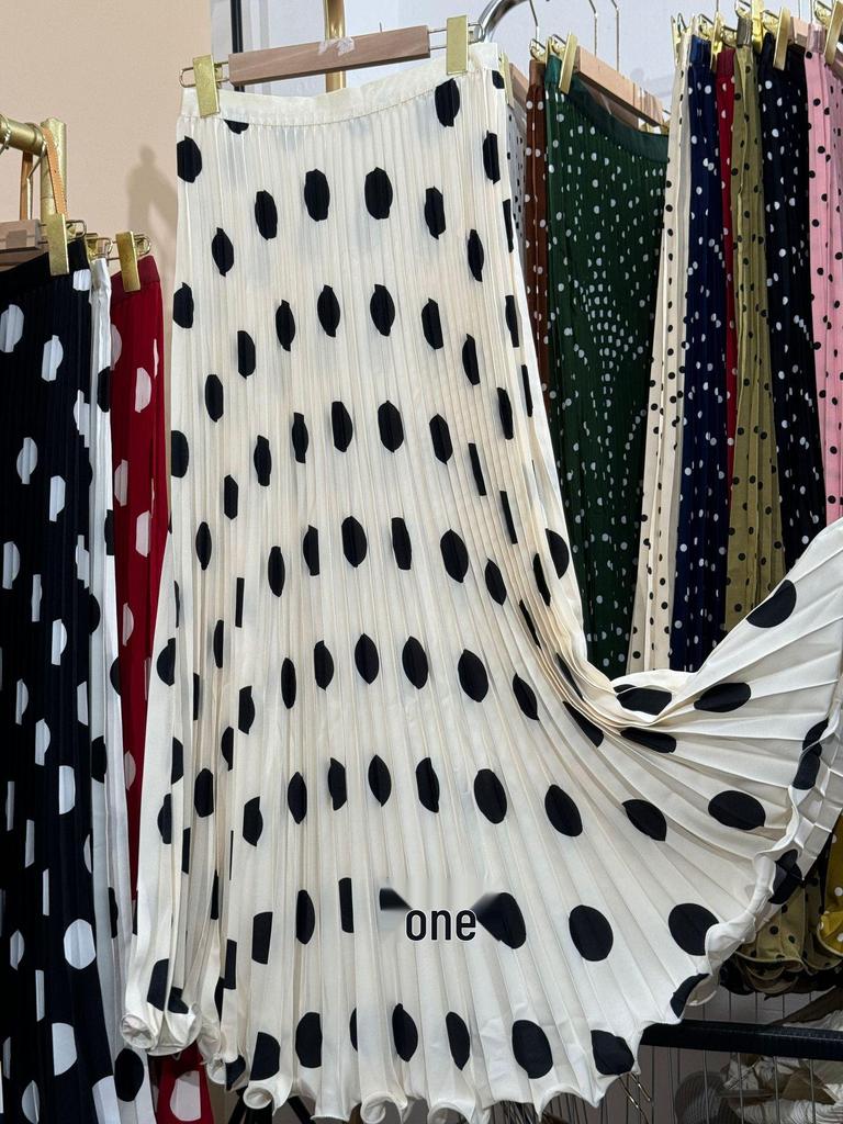 Multicolor Korean Style Chiffon High Waist Pleated Polka Dot Midi Skirt