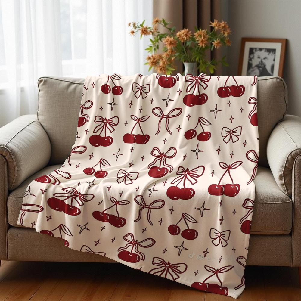 Cherry Bow Star Cartoon Anime Print Flannel Blanket Soft Warm Throw for Kids Bedroom Sofa Christmas Office Car