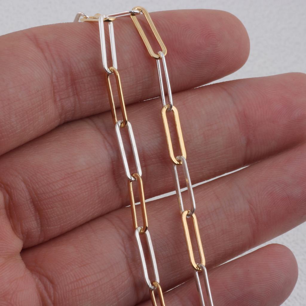 Luxury Plain 14K Gold Filled + S925 Silver Flat Rectangle Link Chain Two Tone Mixed Metal Paperclip Chain Jewelry Accessories