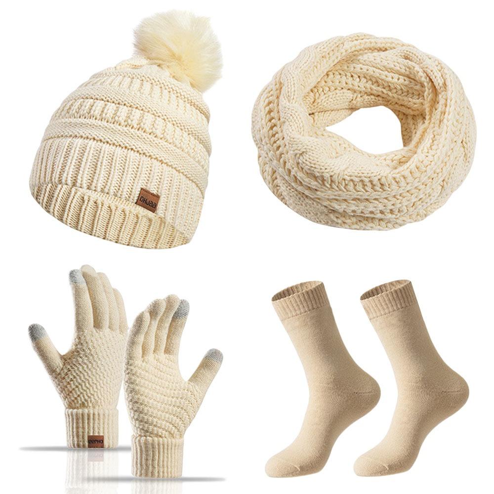 4Pcs/Set Ear Protection Knitted Hat Soft Touchscreen Gloves Winter Winter Warm Mitten  for Men Women