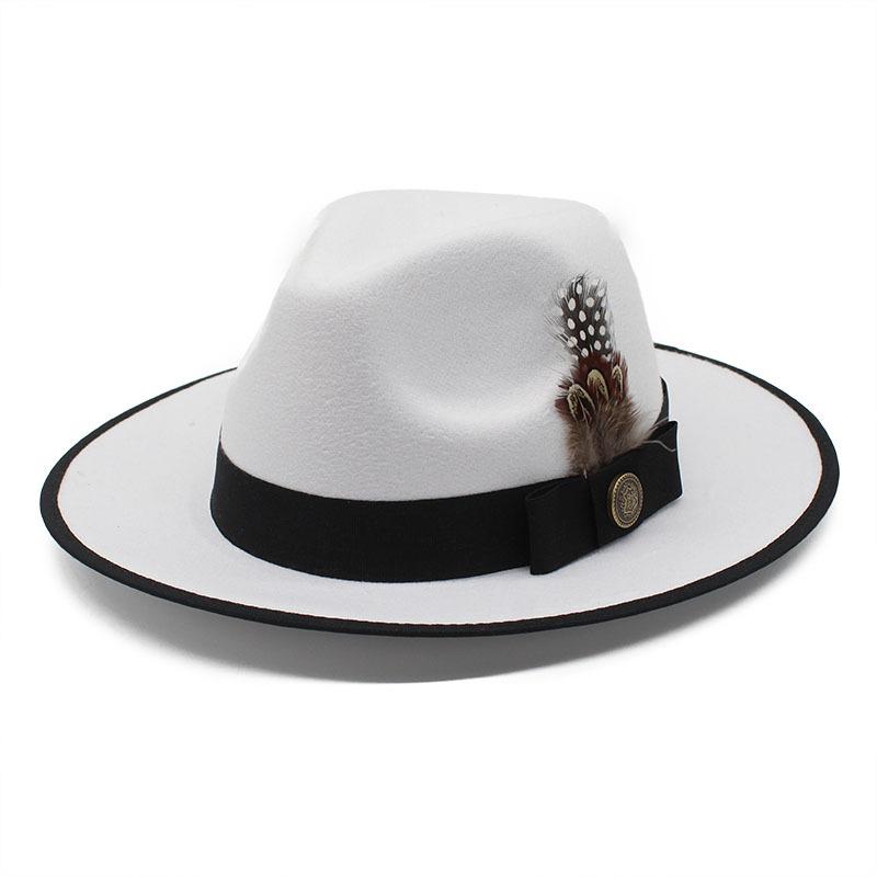 Black Hemming Feather Youth Top Hat Men And Women Large Brim British Fan Wool Gentleman'S Hat