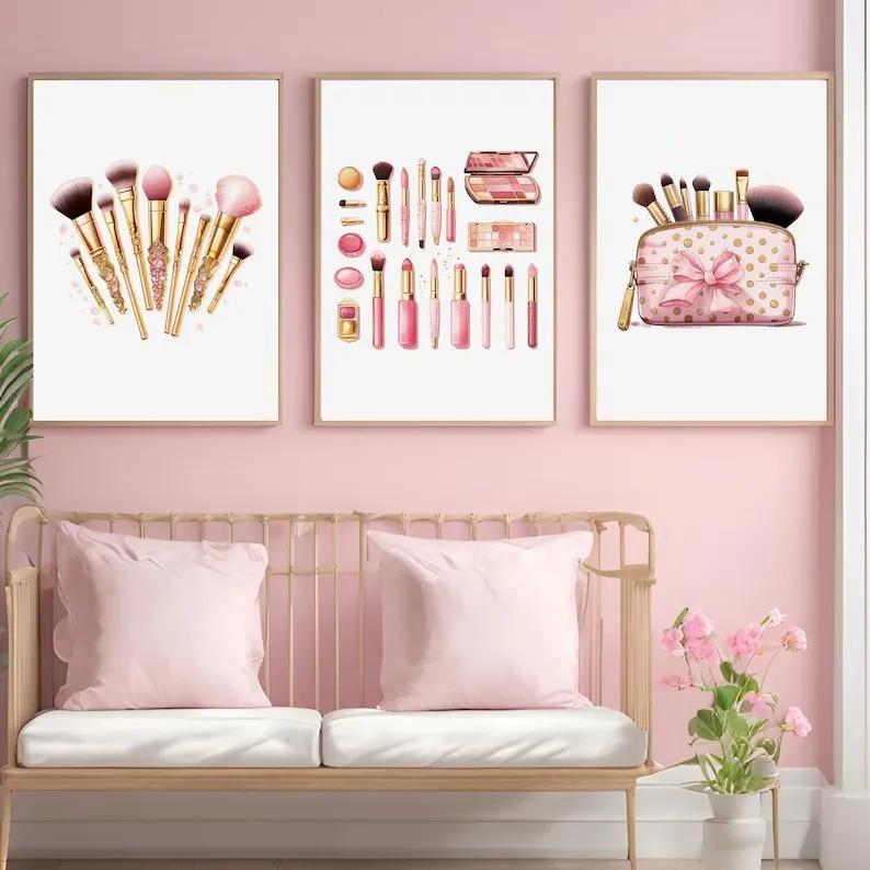 Fashion Girly Pink Makeup Collection EyeLash Lipstick Perfume Poster Canvas Painting Wall Art Pictures Home Bedroom Decor