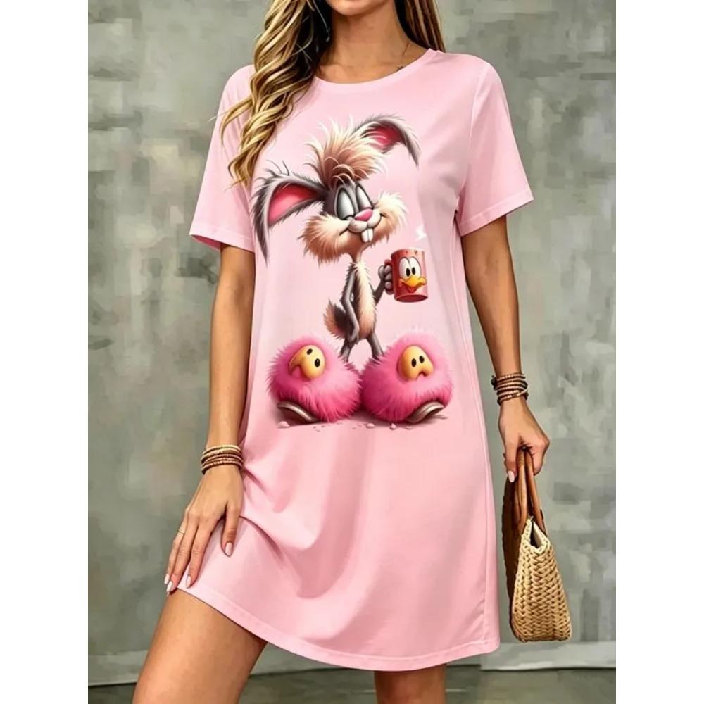 Summer Fashionable Colorful Cartoon Pattern Women Mini Dresses Short Sleeve Printed Plus Size Casual Comfortable Soft Dress