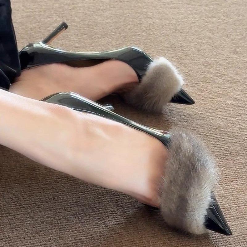 Classic Pointed Toe Pumps Furry Decor High Heels Sandals Shallow Fashion Women Autumn Elegant Ladies Daily Comfort Shoes