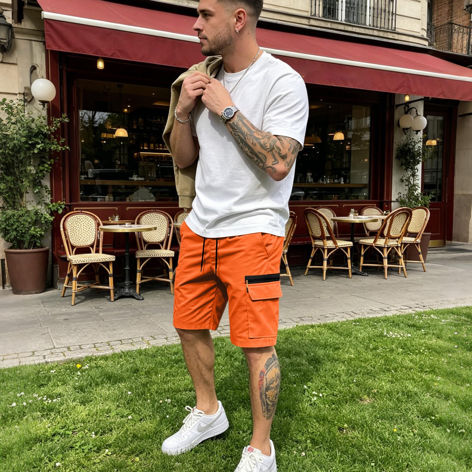

Mens Casual Loose Fit Multi Pocket Cargo Shorts with Elastic Waistband and Drawstring for Outdoor Activities M шафрановый
