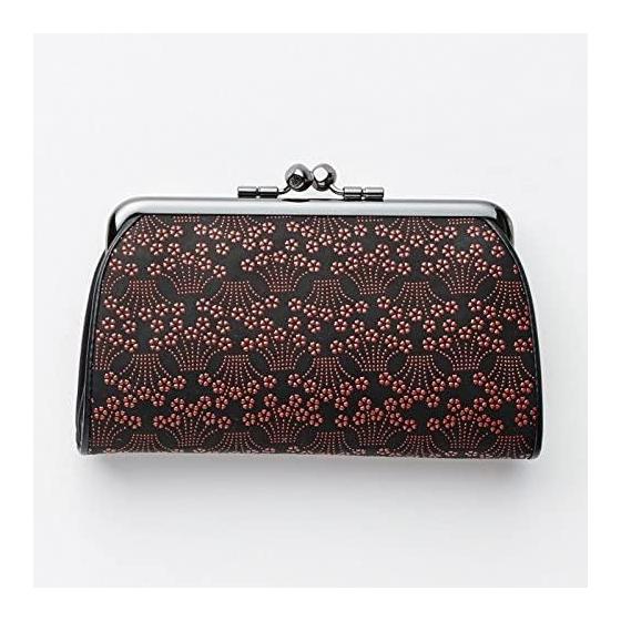 Inden-ya Genuine Leather Parent-Child Gamaguchi Coin Purse, Black x Red Lacquer, Small Cherry Blossom & Iris, Coin Case for Women, Leather Gift,