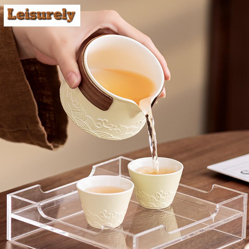 High Grade Sea Wave 1 Pot 2 Cups Tea Sets Anti-scald Pot Portable Travel Home Office Cups Ceramic Tea Coffee Container With Bag