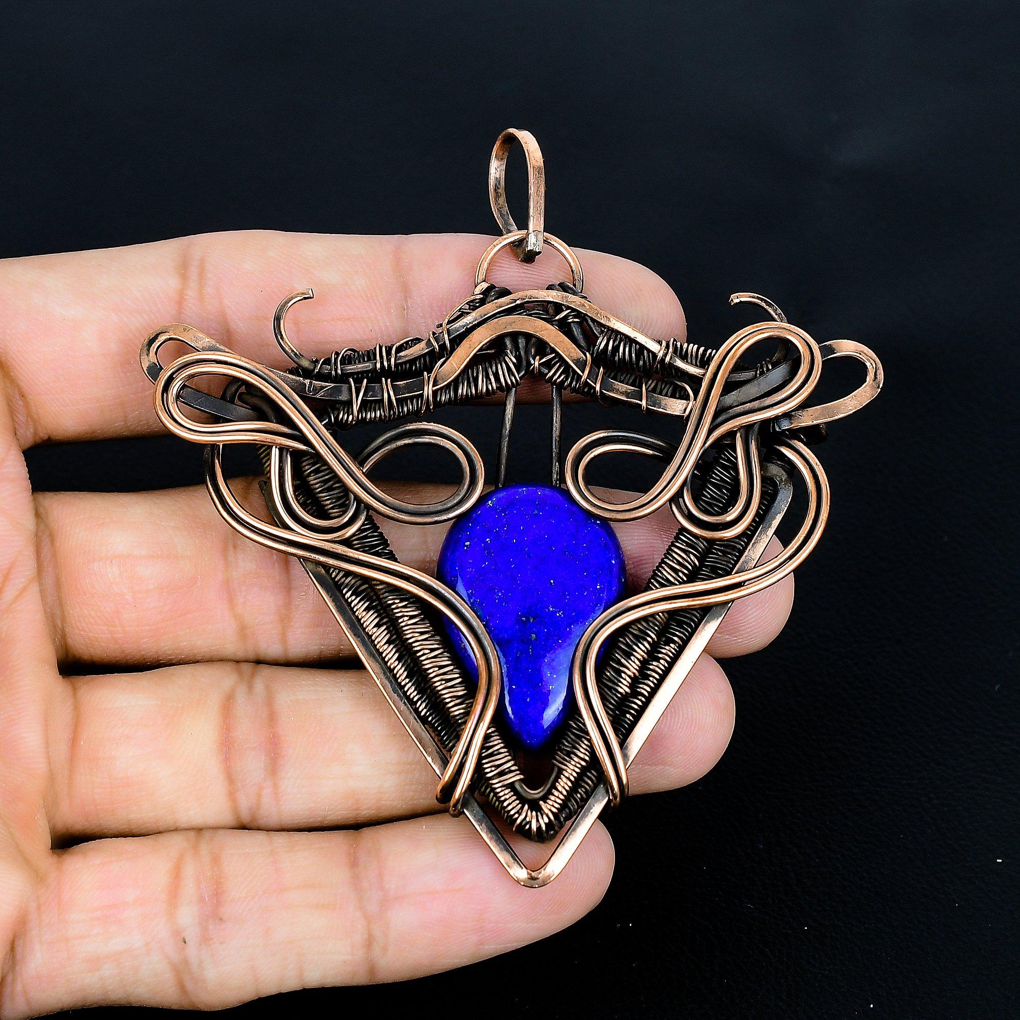 

Подвеска из лазурита, ювелирное изделие из драгоценного камня ручной работы, подвеска, обернутая медной проволокой 999 пробы, ювелирная подвеска уникального дизайна 2.55 Inches