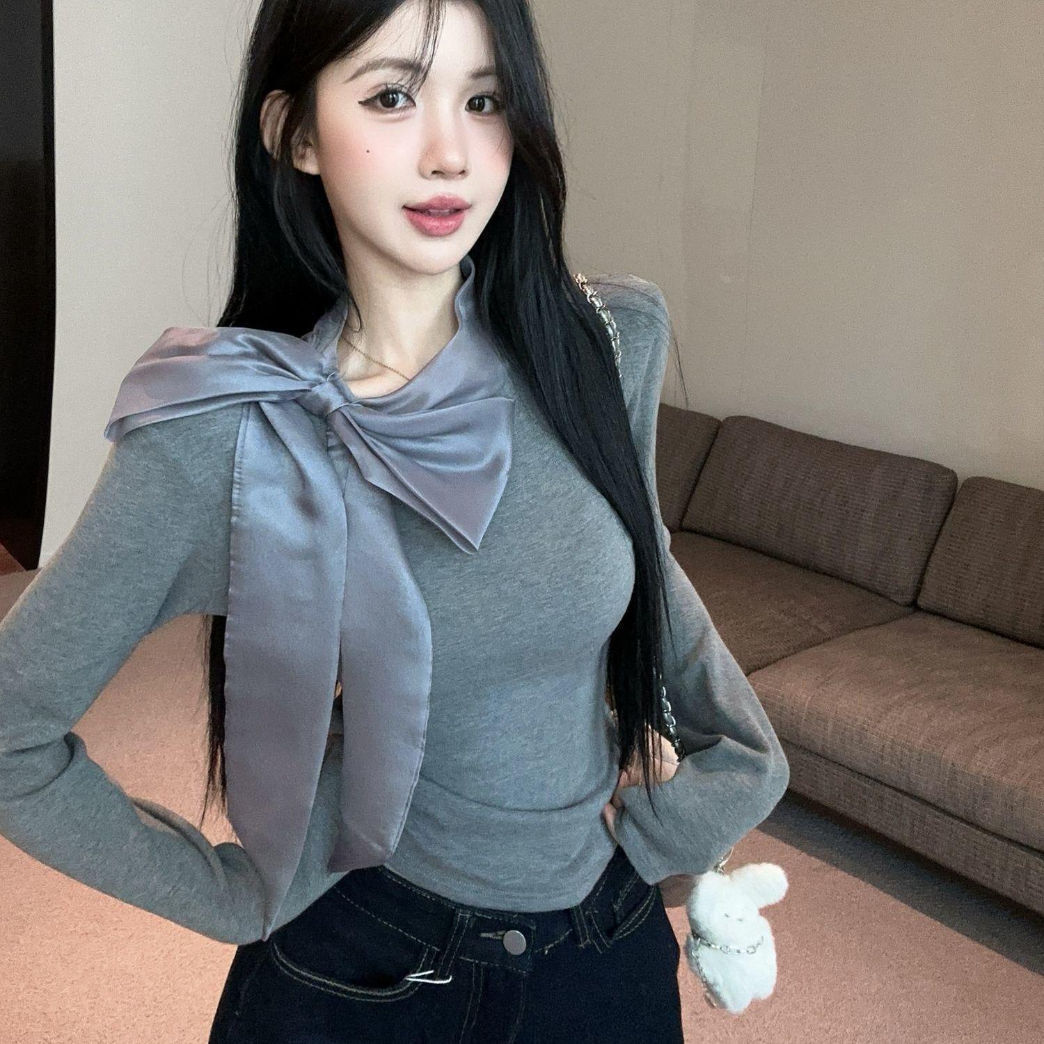 

Women s Elegant French Fleece Tie-Up Top: Long-Sleeve, Slim-Fit, Waist-Cinching Layer for Autumn/Winter. L серый