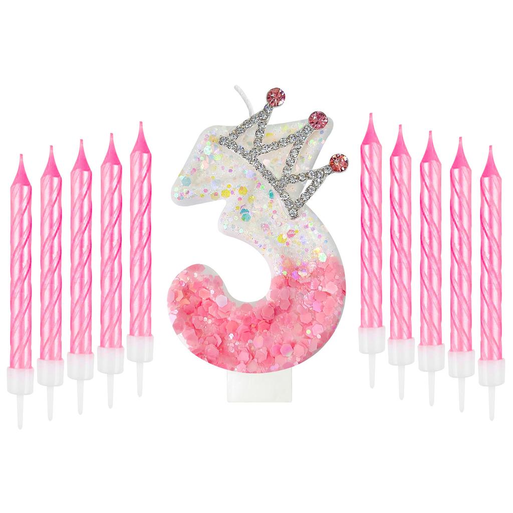 11pcs Gradient Pink and White Crown Number Candles, Number 0-9 Candles, Girl's Birthday Cake Decorations, Cupcake Decorations