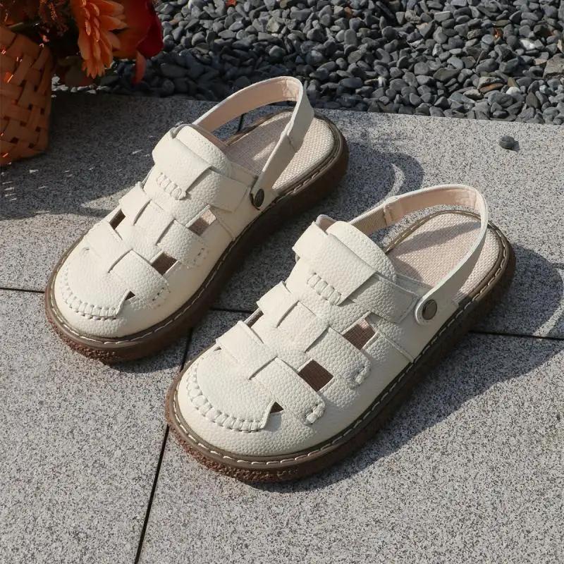Fashion Vintage Hollow Out Back Strap Gladiator Sandals Classic Round Toe Low Heel Sandals Soft Thick Bottom Non Slip Mom's Shoes