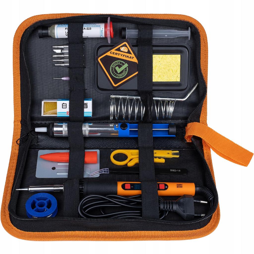 Rosfix Set Start 80W LCD 11w1 – Zestaw Lutowniczy z 6 Grotami i Odsysaczem | Zakres Temperatury 180–500°C | ESD | Organizer