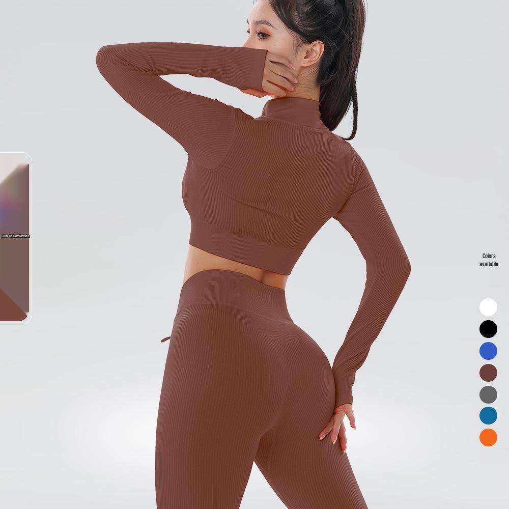 

Трансграничный набор для йоги: Сексуальный комплект из двух частей: топ с длинными рукавами и полосатые брюки с высокой посадкой Medium коричневый
