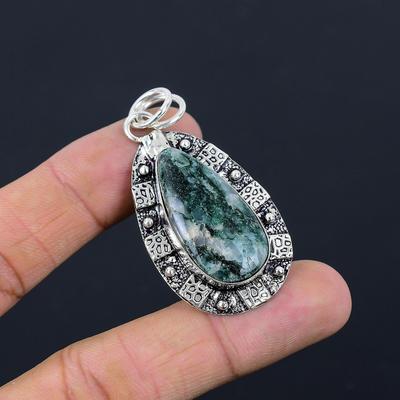 Anniversary Gift For Her Natural Solar Moss Agate Gemstone Pendant 925 Silver
