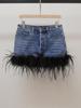 Autumn French Hot Girl Feather Spliced Denim Midi Skirt