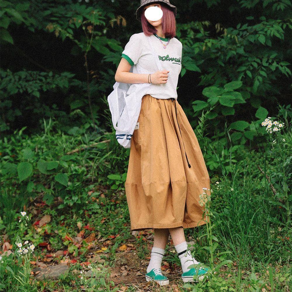 Women's Vintage Japanese Utility Skirt - Artistic Outdoor Style Solid Color Loose Fit High-Waist A-Line Half Skirt for Spring/Summer