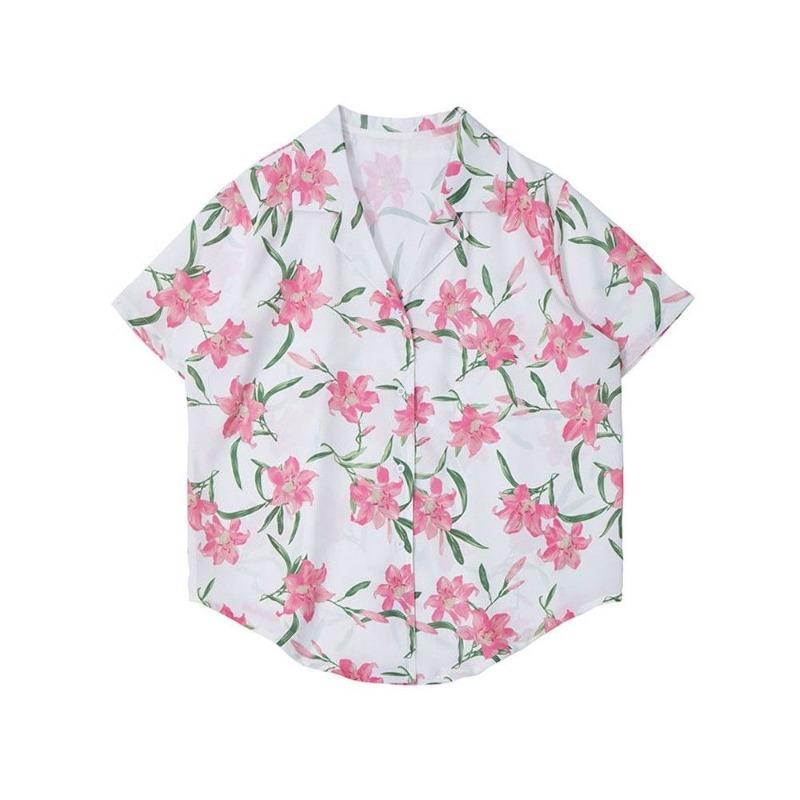 

Женский костюмный воротник рубашки с цветочным принтом свободные с коротким рукавом в стиле ретро колледж рубашка однобортная универсальные блузки XXL белый