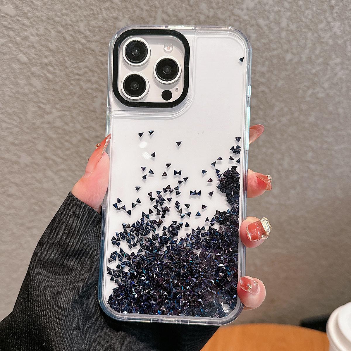 

For iPhone 15 Pro Case Bling Rhinestone Quicksand TPU+PC Protective Cover Black