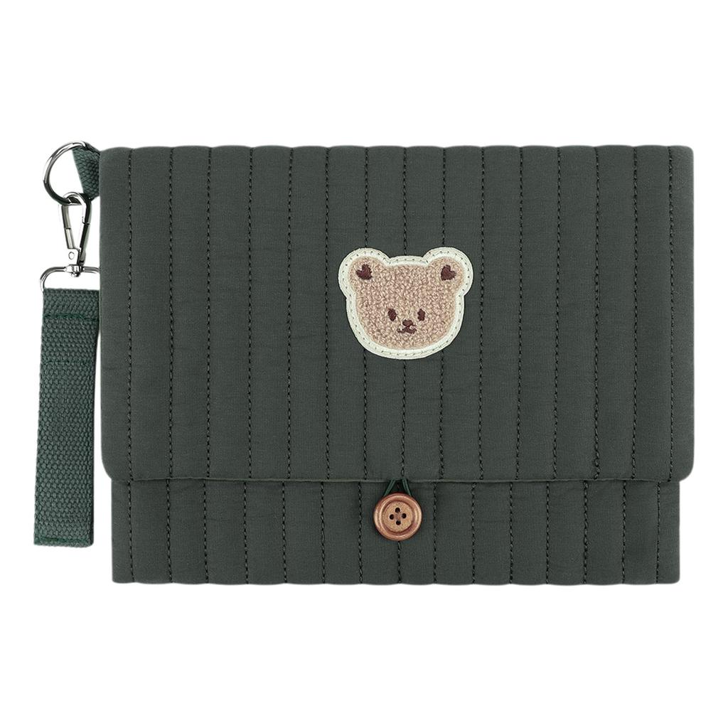 Cute Bear Embroidery Diaper Clutch Bag Foldable Quilted Diaper Pouch Multiple Pockets with Wipes Pocket Travel Essential for Mom