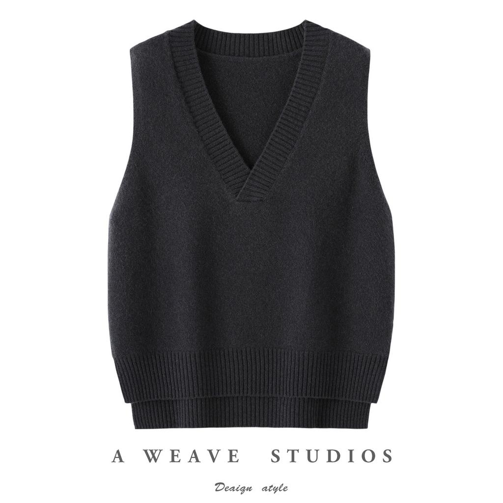 Spring, autumn and winter ins simple V-neck retro pure wool vest knitted women's pullover loose and thin sleeveless vest top