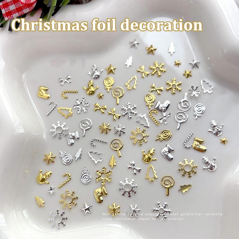 12 Grids Christmas Metal Slice Xmas Tree Snowflake Lollipop Gear Star Gold Silver Nail Art Sequins Decorations Manicure Charms