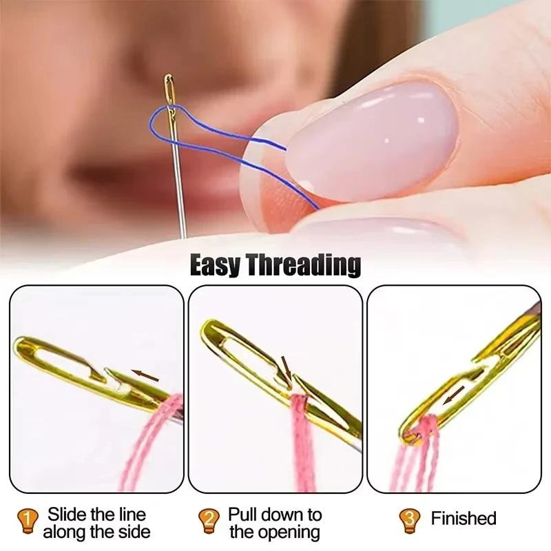 12pcs Blind Needles Elderly Easy Use Sewing Needle Household Threading Sewing DIY Side Big Hole Self Threading Bodkin Needle