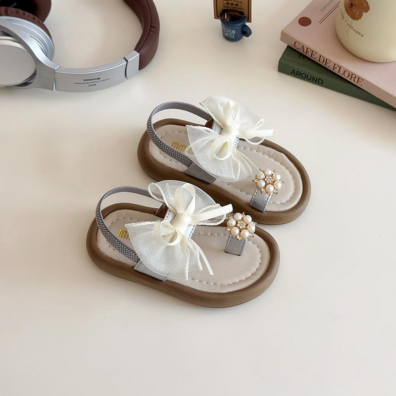 Girls Bow Pearl Decor Toe Post Flat Sandals 21 серебряный