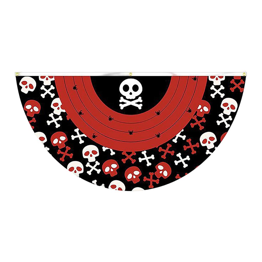 Halloween Theme Fan Banner 45x90cm Polyester Fabric Semi Circular Flag with Printed Ghost Pumpkin Bat Elements for Indoor Outdoor Decoration