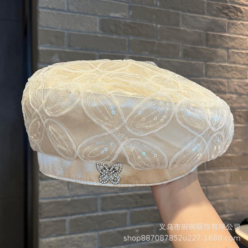 Beret children summer thin lace sequined bud hat breathable Internet celebrity fashion British painter hat