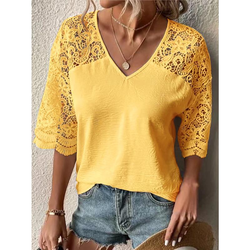 

Женская футболка Летняя Свободная Повседневная Кружевная V-образный вырез Рукав пять точек Футболка Женские топы XXXXXL