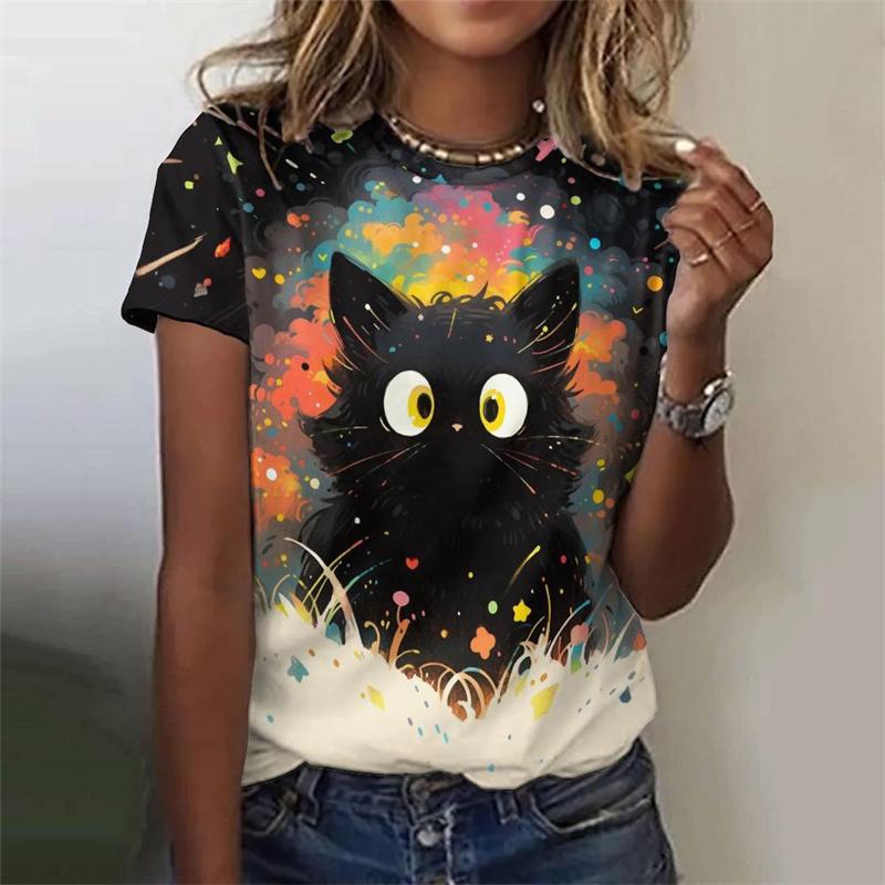 Colorful Cat Pattern T-Shirt For Women Cartoon Pet 3D Printed Tees Summer Harajuku Round Neck T Shirts Short Sleeves Loose Tops