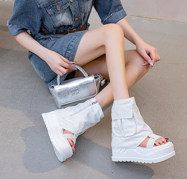Fashion 10CM Fashion Canvas Spring Summer Platform Wedge Flats Sandal Women Autumn British Motorcycle Fashion ZIP Ankle Boots Shoes