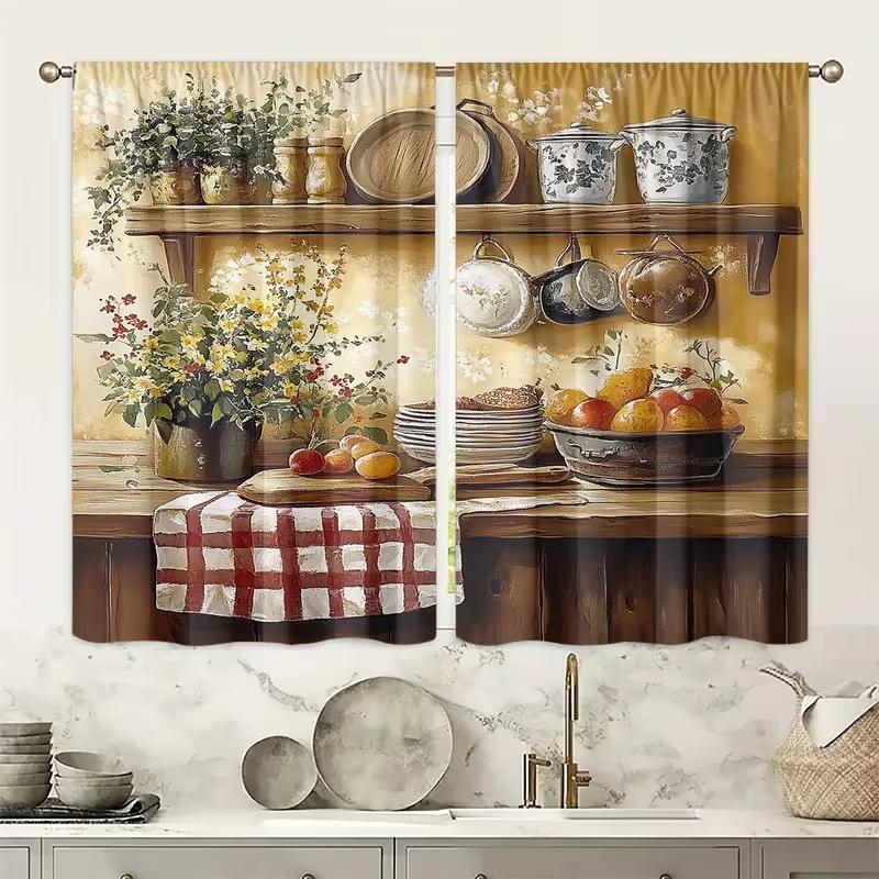 2 Pcs Retro kitchen print curtains,suitable for bedroom,living room kitchen decoration,home decoration,window decoration