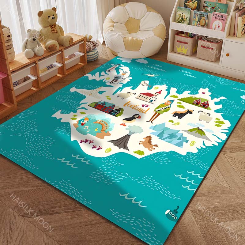 Cartoon Map of Five Continents with Animals Print Carpet for Living Room Bedroom Sofa Doormat Decor Kids Room Area Rug for Gifts