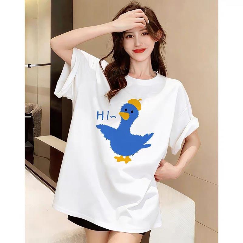 Summer New Chic Cartoon Cat Print T-shirt Women Clothing Fashion All-match Pure Cotton Basic Top Tee Office Lady Loose Pullovers