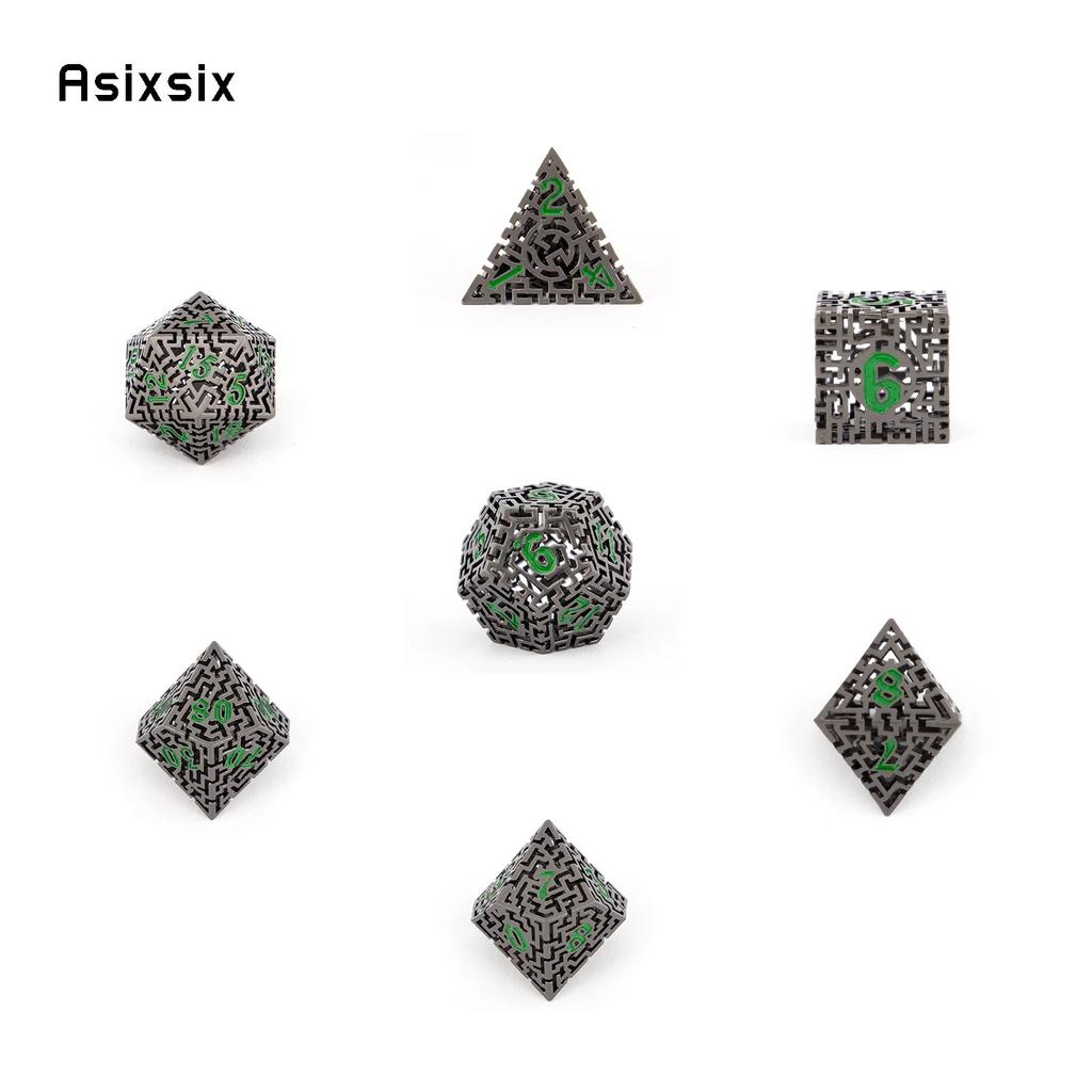 7 Pcs Black Green Metal Dice Maze Hollow Metal Polyhedral Dice Set Suitable for Role-Playing RPG  Board Game Card Game