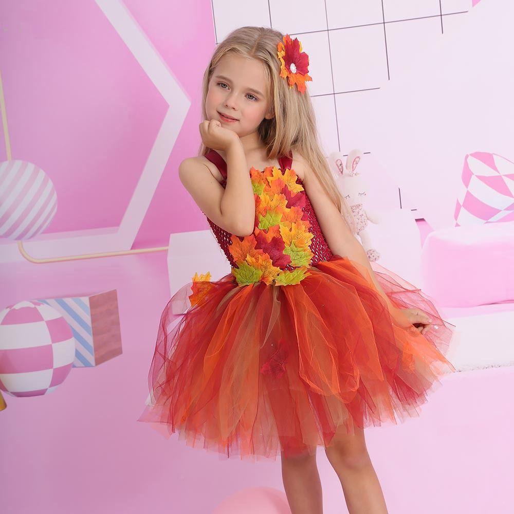 Maple Leaves Princess Dress with Hairpin Thanksgiving DayDress Fashion Dance Costumes  Dance