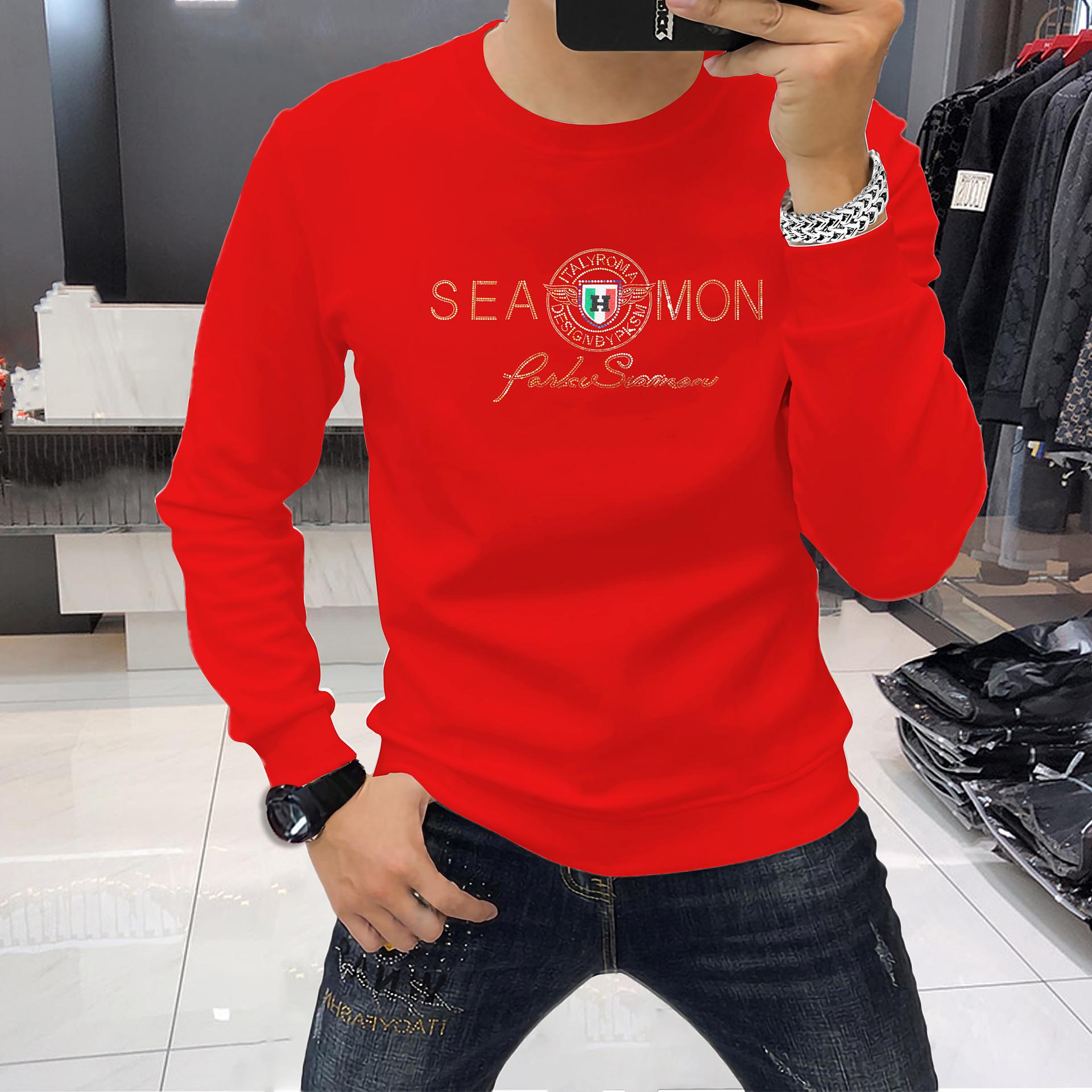 

Stylish Rhinestone Men s Long Sleeve Round Neck Shirt - Comfortable, Versatile, Velvet-Thickened for Autumn and Winter. XL