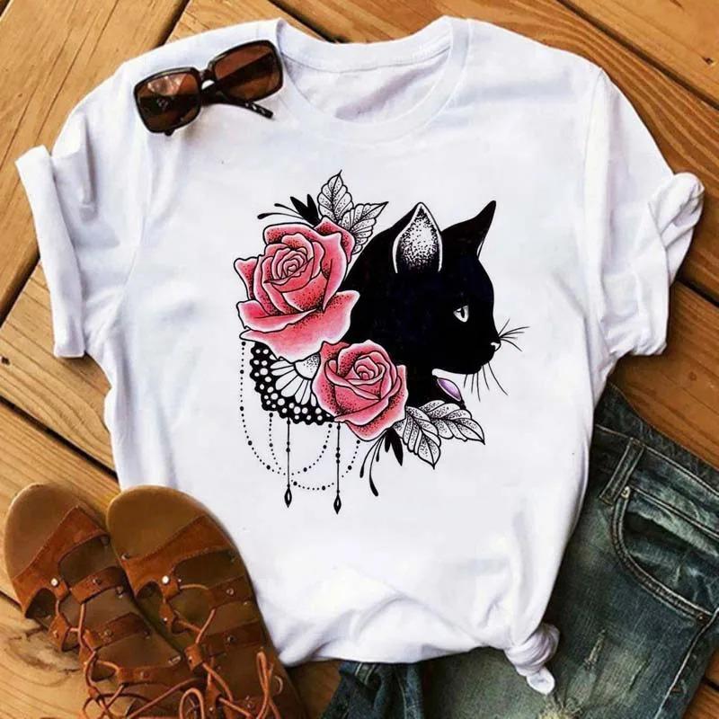 Katt&Noter Tryckt T-shirt Casual Rundhals Kortärmad Topp Sommar Andningsbar Damkläder Plus Size T-shirt