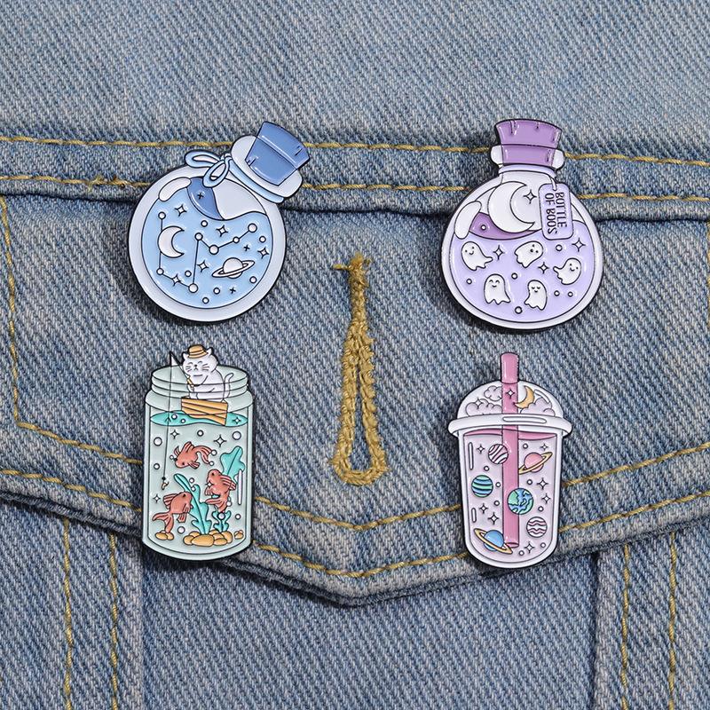 Cute Animal Plant In The Bottle Brooches Funny Frog Cat Fish Mushroom Badges Bags Clothes Lapel Pins Jewelry Friends Gifts