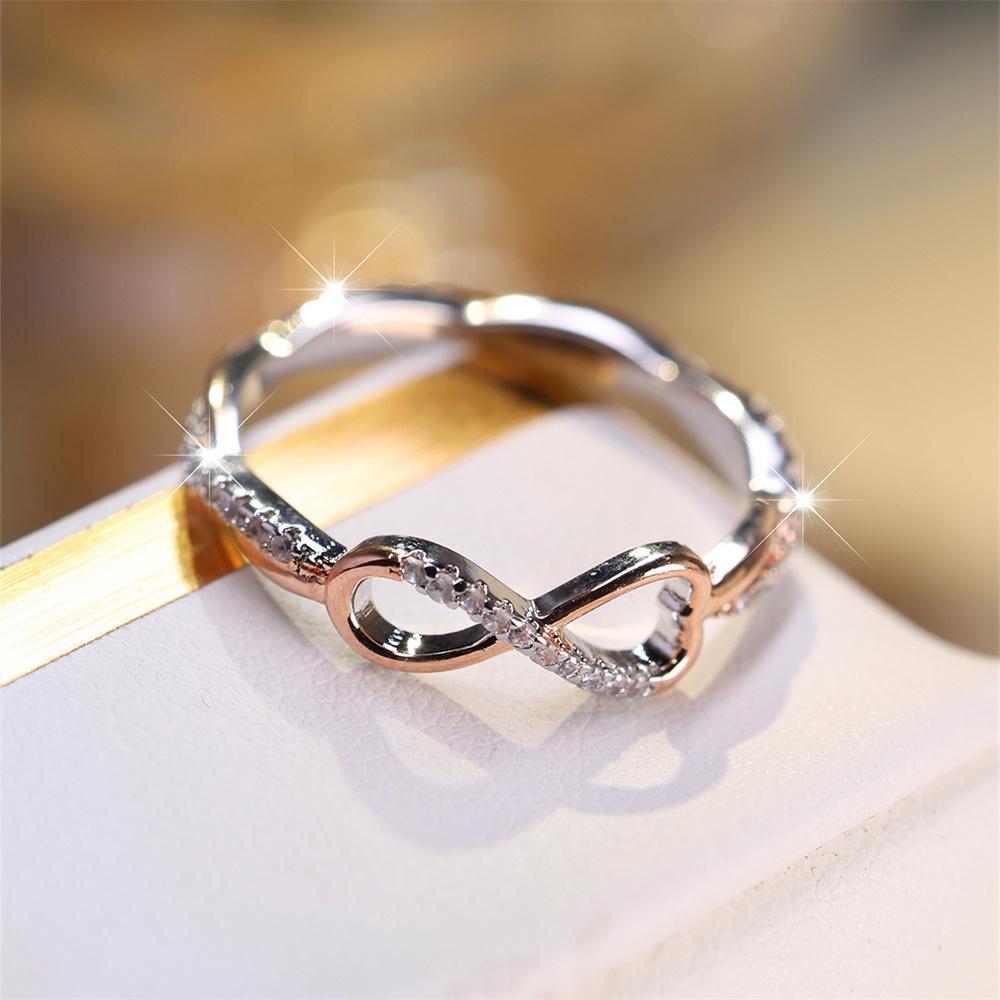 Simple Trendy 8 Shape Infinity Ring White Zircon Engagement Rings For Women Rose Gold  Color Wedding Band Two Tone Jewelry