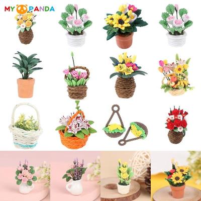 Different Styles 1:12 Dollhouse Miniature Flowers Mini Potted Plant Flower Pot DollHouse Decor Bonsai Model Garden Home Ornament