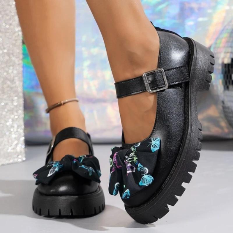 Fashion 2024 High Quality Shoes Female Round Toe Women's Pumps Autumn British Style Bow Buckle Dress Block Heel Large Size Shallow Shoes