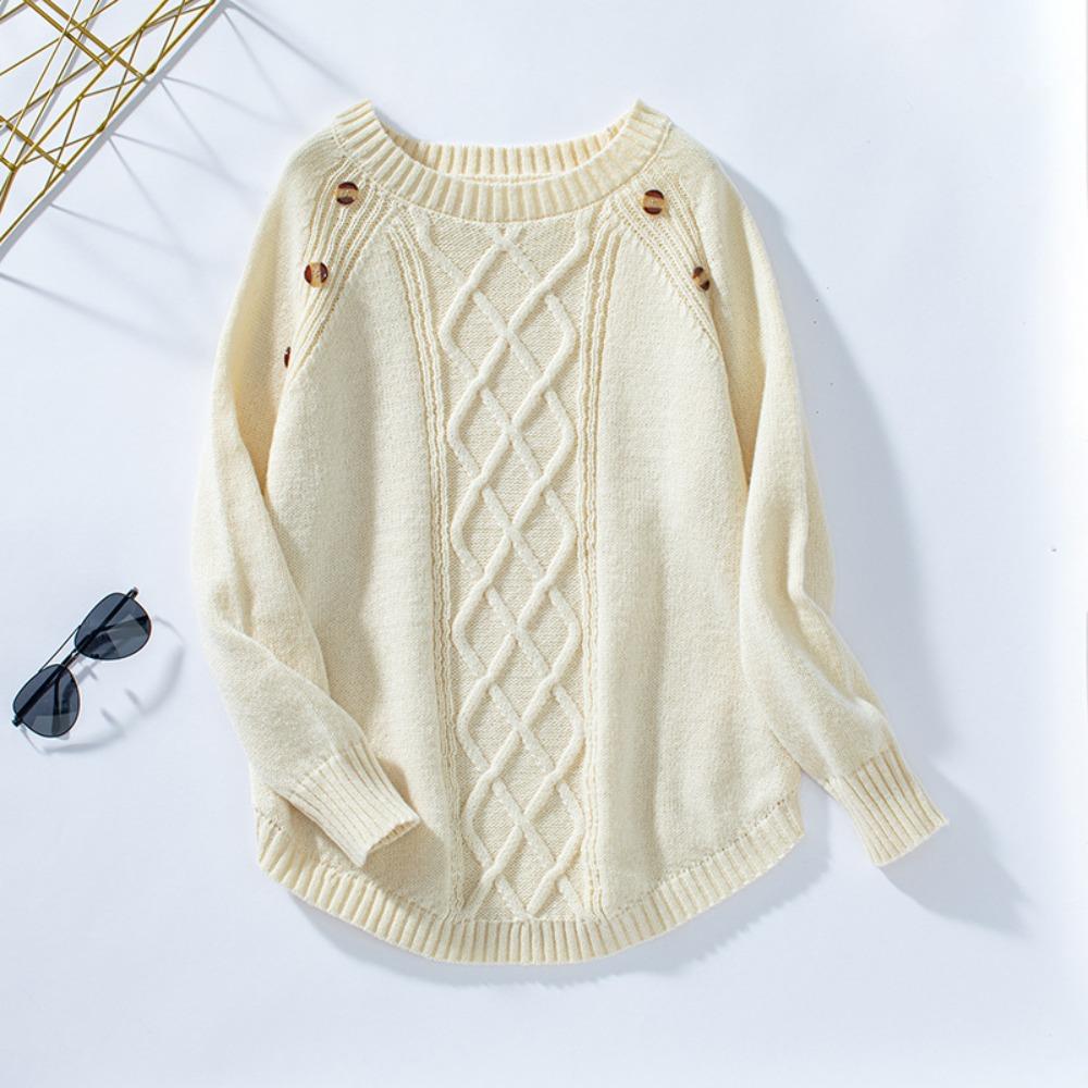 Autumn and Winter Women's Solid Color Buttoned Loose Pullover Cable Knit Sweater for Women