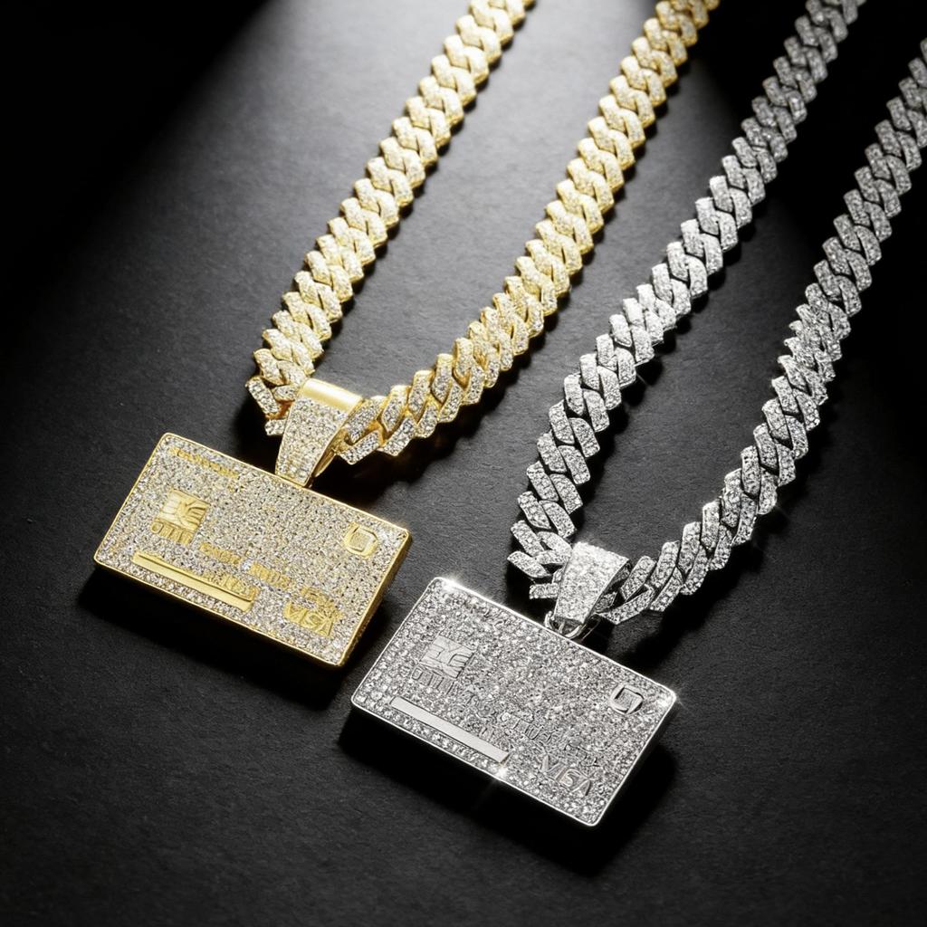 Men's Trendy Streetwear Diamond-Covered Bank Card Tag Pendant Necklace with Cuban Chain