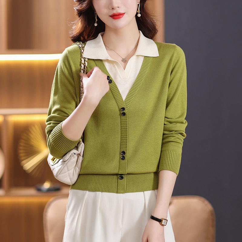Spring new commuter lapel fake two-piece color matching diagonal buckle design comfortable light mother sweater women