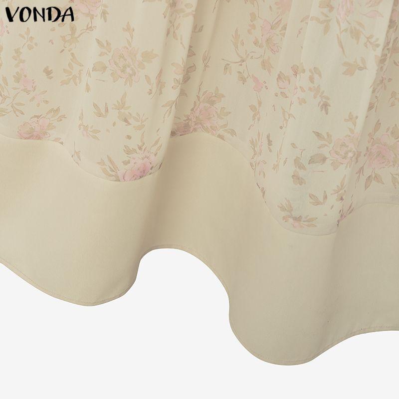 VONDA Summer Women Round Neck Long Sleeve Floral Patchwork Pleated Long Dress