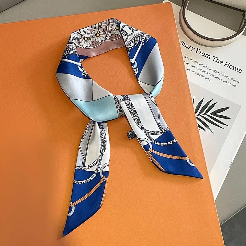 Silk Scarf Women Luxury Chain Print Bag Skinny Scarves Wraps Wrist Towel Foulards Neckerchief Headband Muslim Hijabs