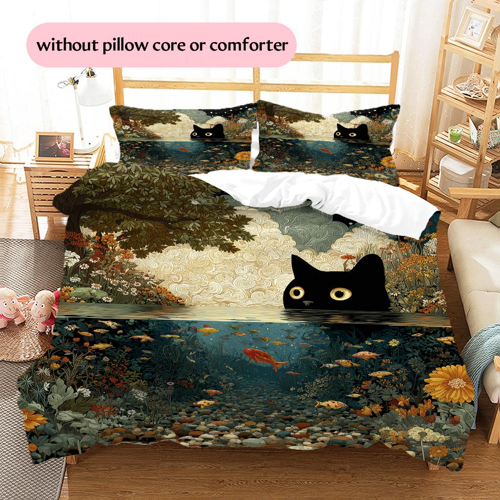 Leaf Cat Pattern Bedding Quilt Set Home Decoration Gift (1 * duvet cover + 2 * pillowcase without core)