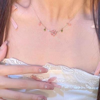Romantische Charmante Roze Kersentak Bloesem Hanger Ketting Voor Vrouwen Koreaanse Stijl Zirconia Bloemen Sleutelbeen Ketting Feest Sieraden Choker Cadeau